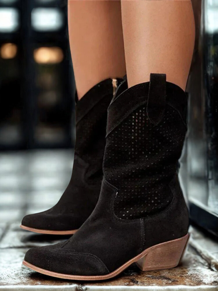 Leren Cowboylaarzen Dames Ademend Met Lage Hak