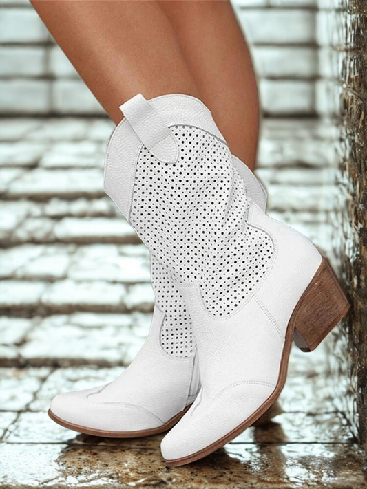 Leren Cowboylaarzen Dames Ademend Met Lage Hak