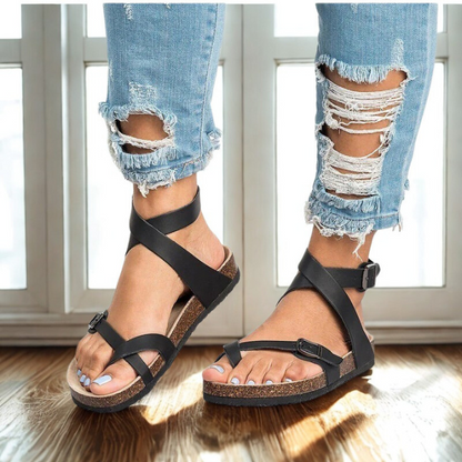 Dames Sandalen Met Leren Band en Kurkzool Comfort