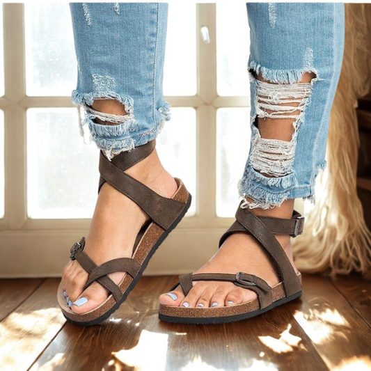 Dames Sandalen Met Leren Band en Kurkzool Comfort